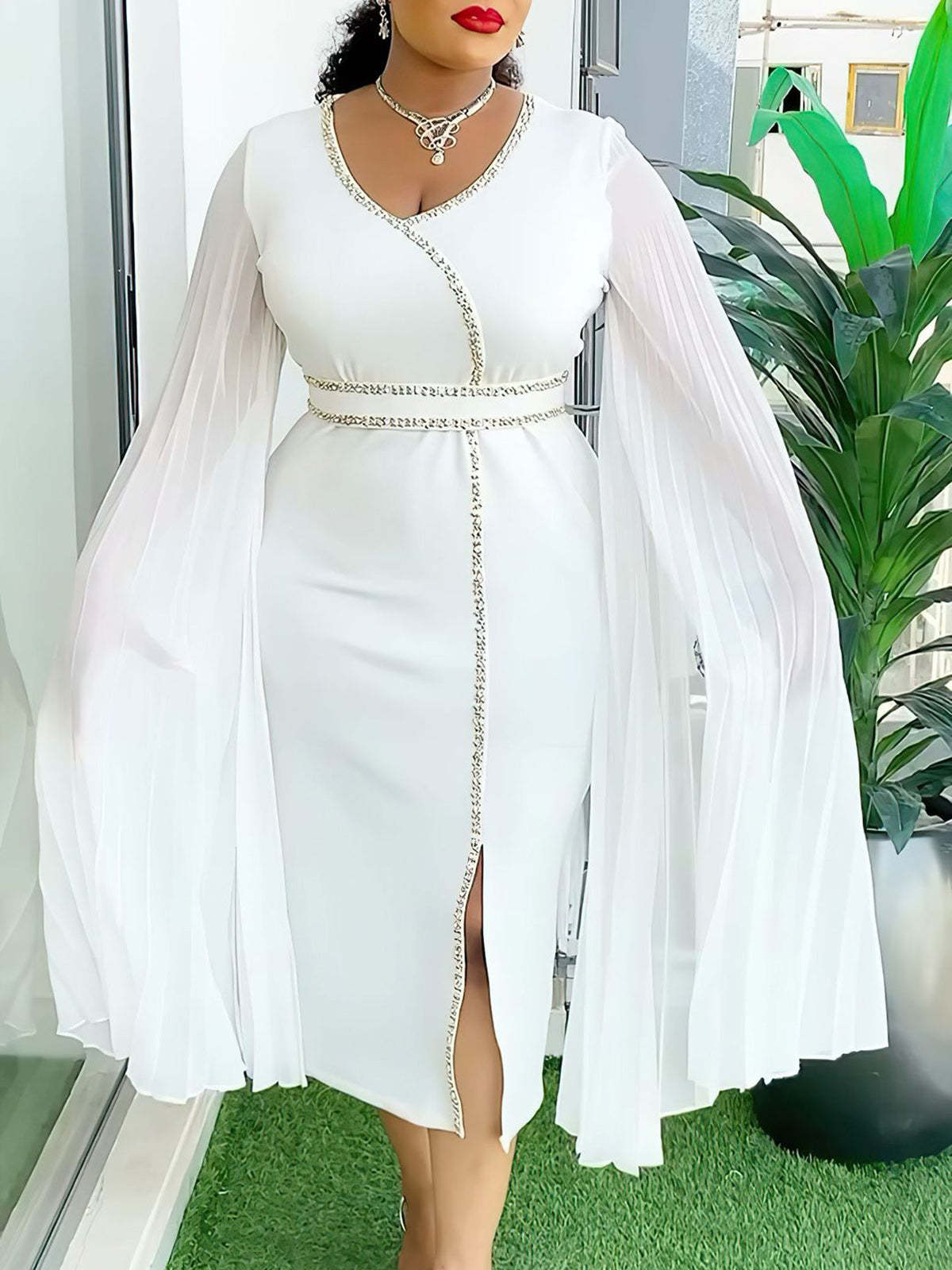 Elegant Plus Size Beaded Bodycon Dress | Pleated Dress
