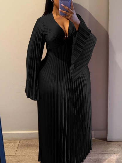 Chiffon V-Neck Pleated Maxi Dress