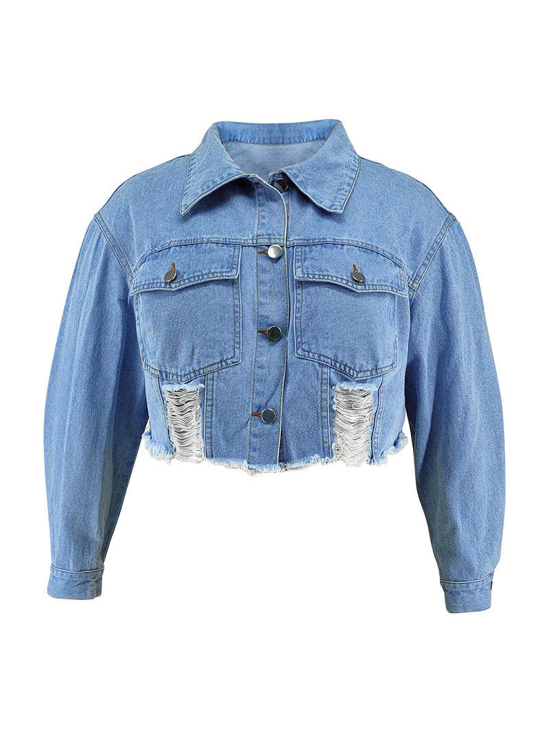 Plus Size Ripped Cropped Denim Jacket