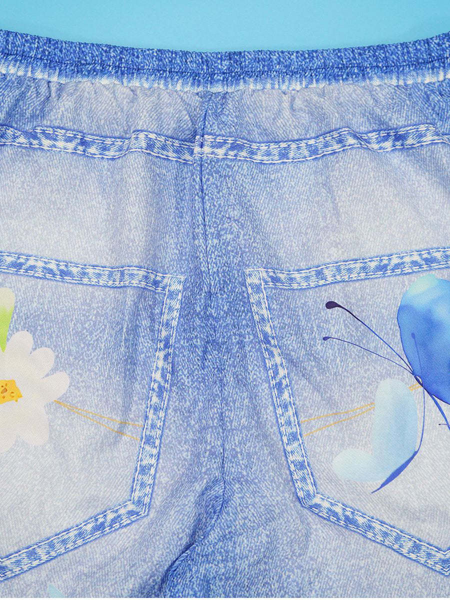 Floral Butterfly Print Wide Leg Jeans