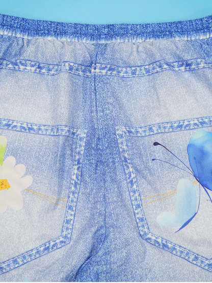 Floral Butterfly Print Wide Leg Jeans