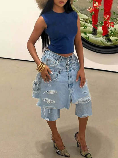 Asymmetrical Distressed Denim Capri Pants