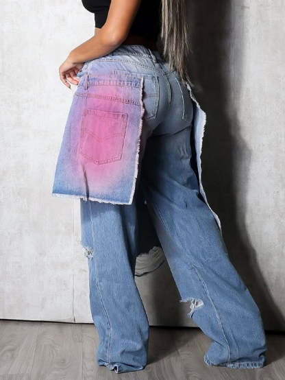 Distressed Gradient Patchwork Wide Leg Jeans