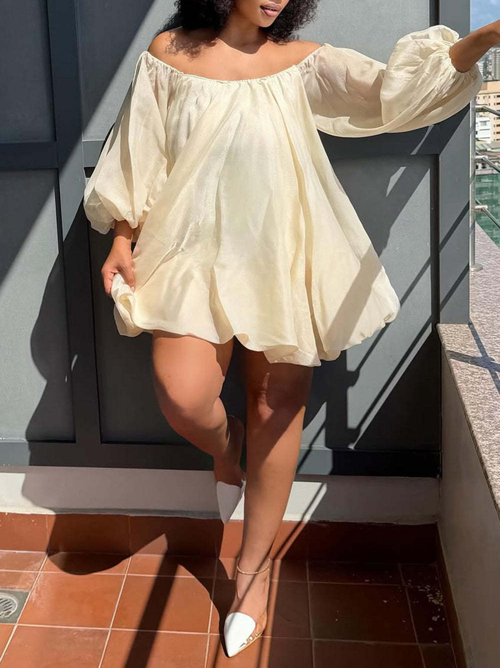 Plus Size Off Shoulder Puff Sleeve Dress