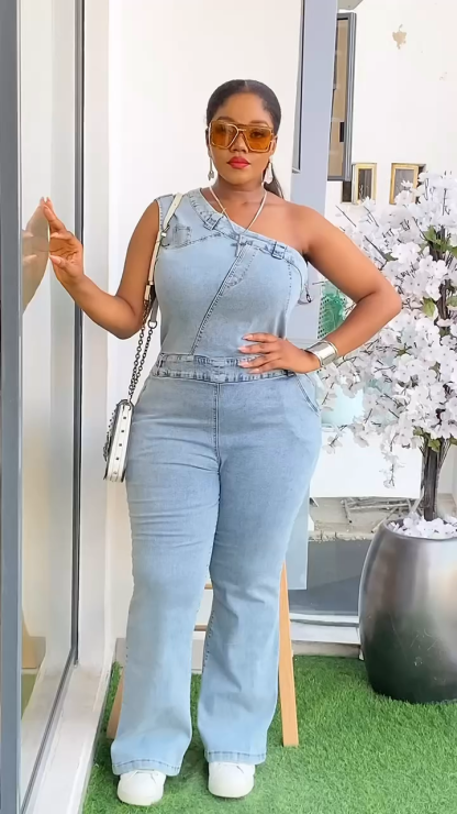 Asymmetrical Shoulder Denim Jumpsuit