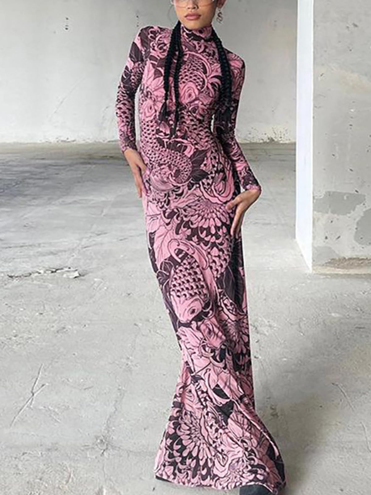 Mock Neck Mesh Print Maxi Dress