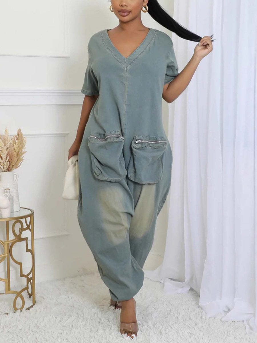 Pockets Bagged Denim Jumpsuit