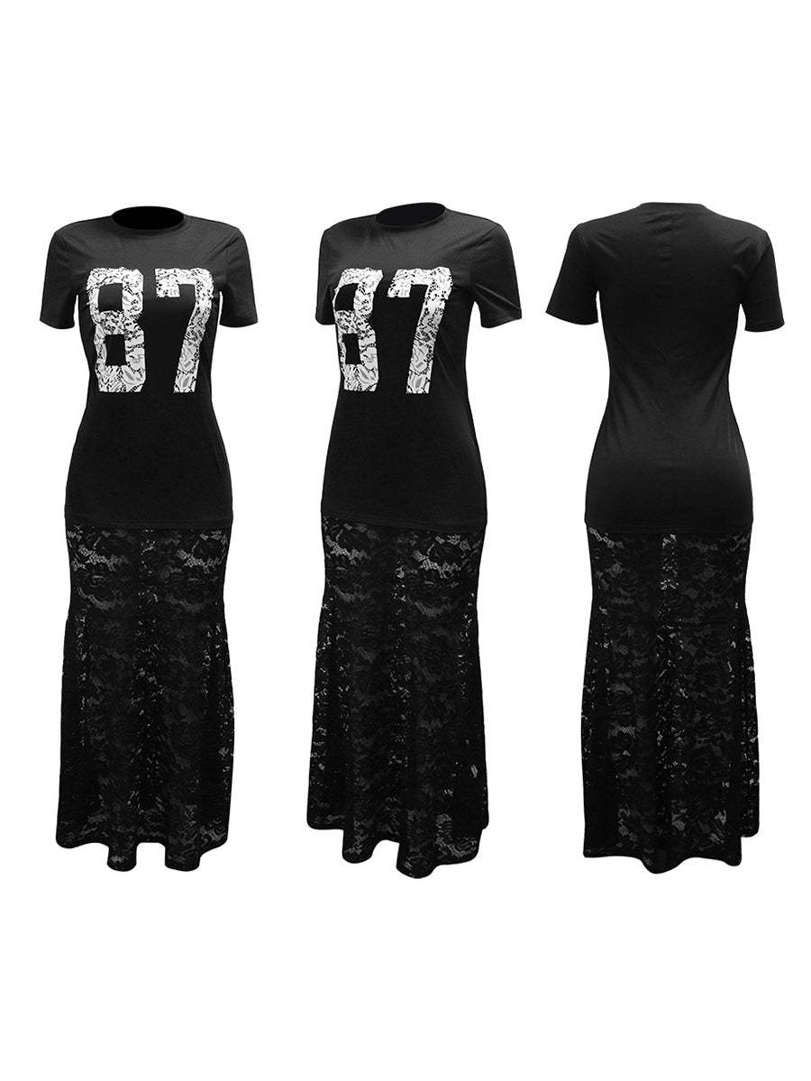 Letter Print Lace Patchwork Maxi Dress
