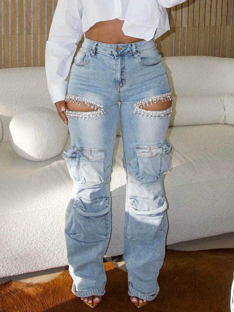 Stylish Hollow Rhinestone Work Pants | Women's Denim Workwear
