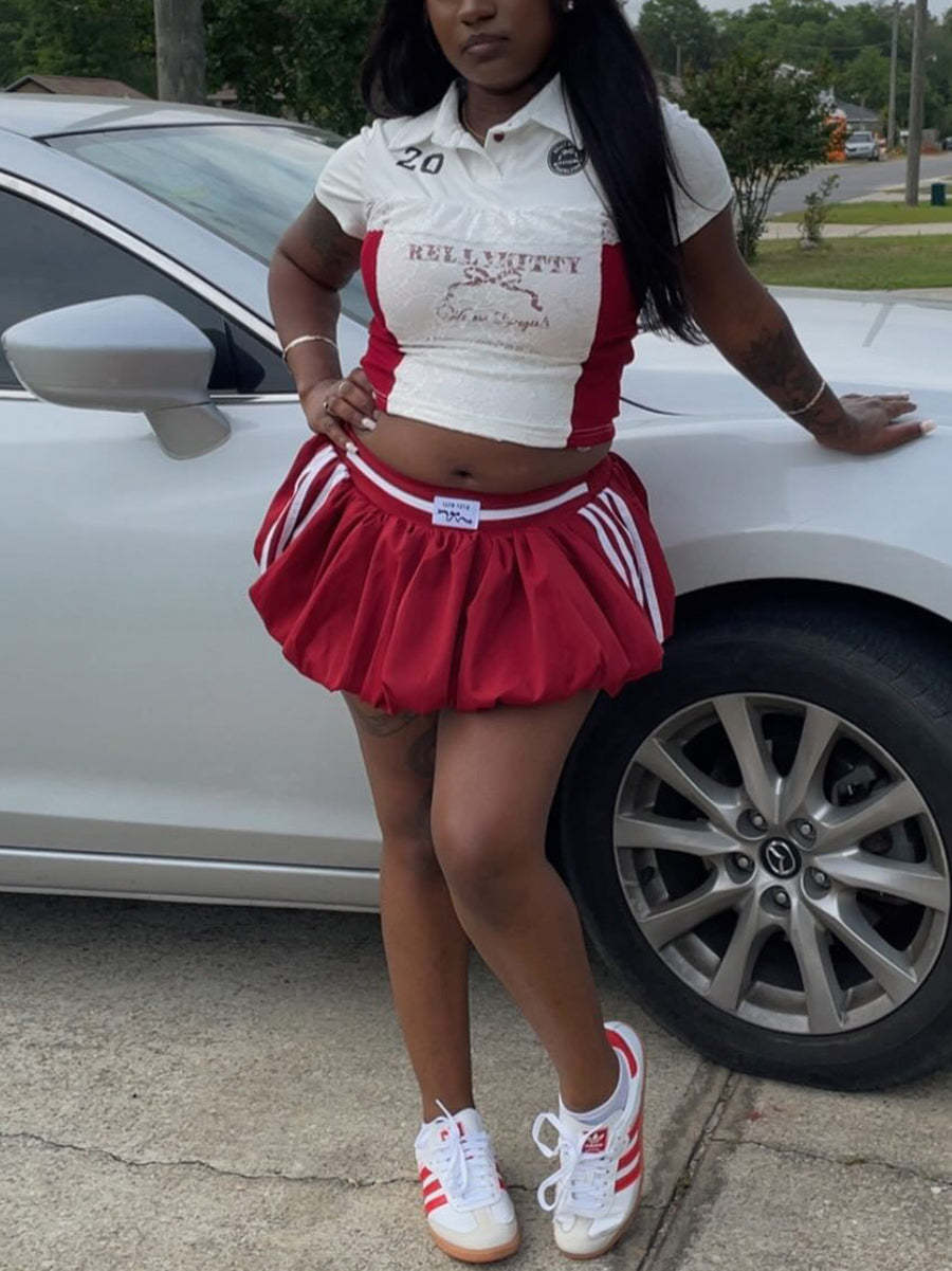 Lace Trim Letter Print Top Pleated Skirt Set