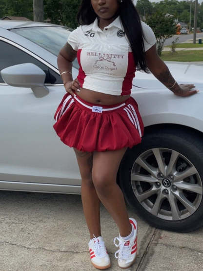 Lace Trim Letter Print Top Pleated Skirt Set