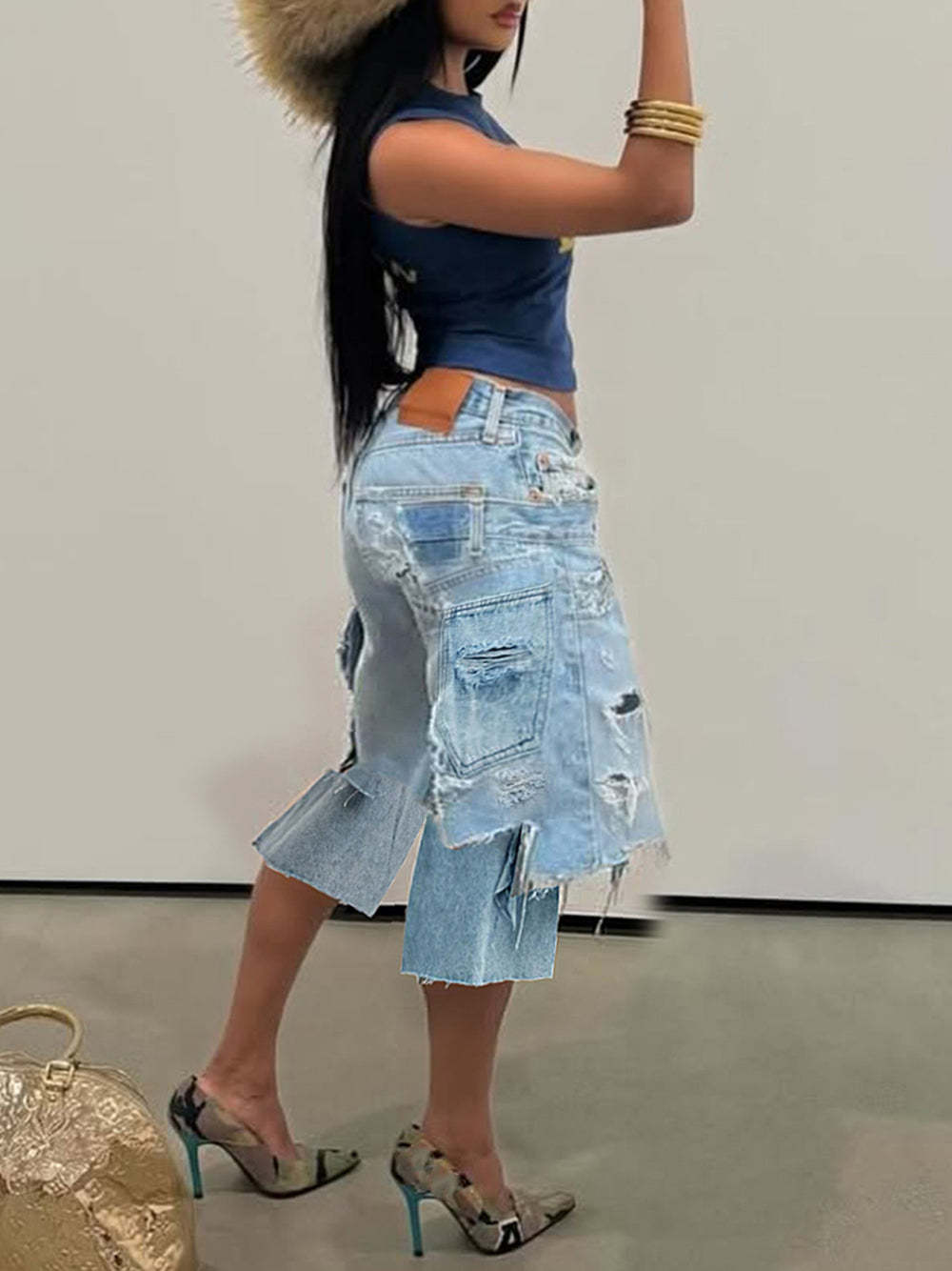 Asymmetrical Distressed Denim Capri Pants