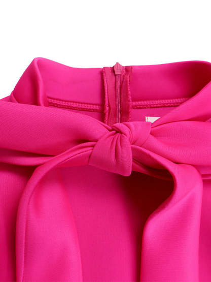 Puff Sleeve Bow-Tie Neck Flared Midi Dress