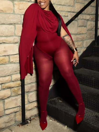 Draped Round Neck Cape Sleeve Romper