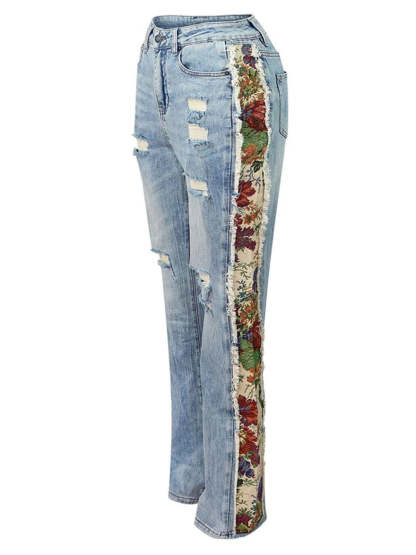 Printed Color Block Denim Jacket Jeans Set