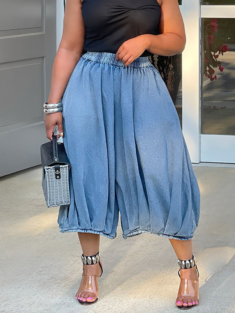 Elastic Waist Wide Leg Cropped Denim Jeans