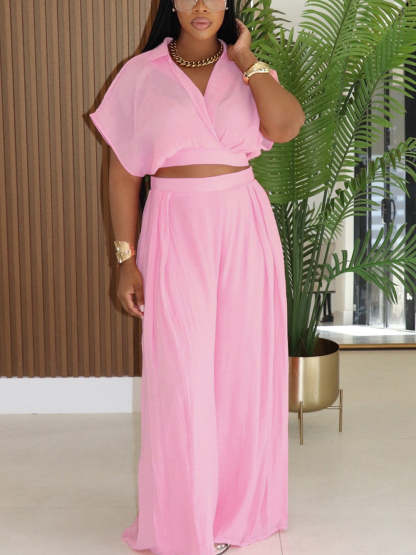 Solid Color Top Wide-Leg Pants Set