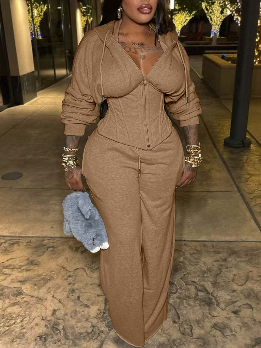 Zip-Up Hoodie Corset Waist Pants Set