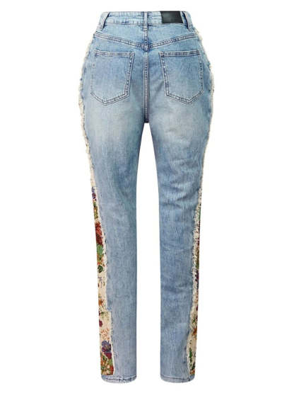 Printed Color Block Denim Jacket Jeans Set