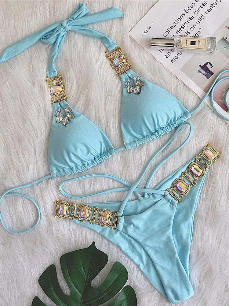 Two Piece Rhinestone Halter Bikini Swimsuits | Beachwear | Swimsuits