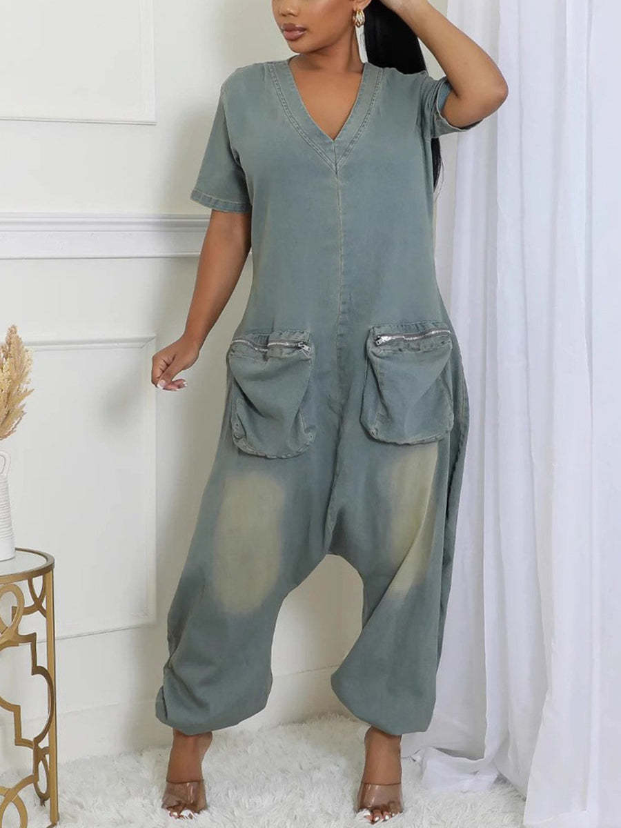 Loose Washed Denim Jumpsuit with Utility Pockets | Casual Streetwear