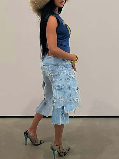 Asymmetrical Distressed Denim Capri Pants