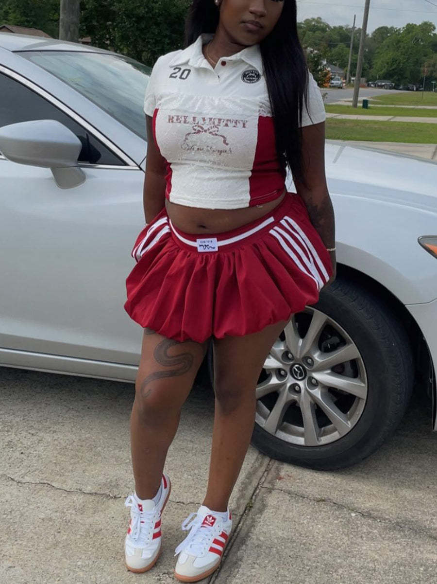 Lace Trim Letter Print Top Pleated Skirt Set