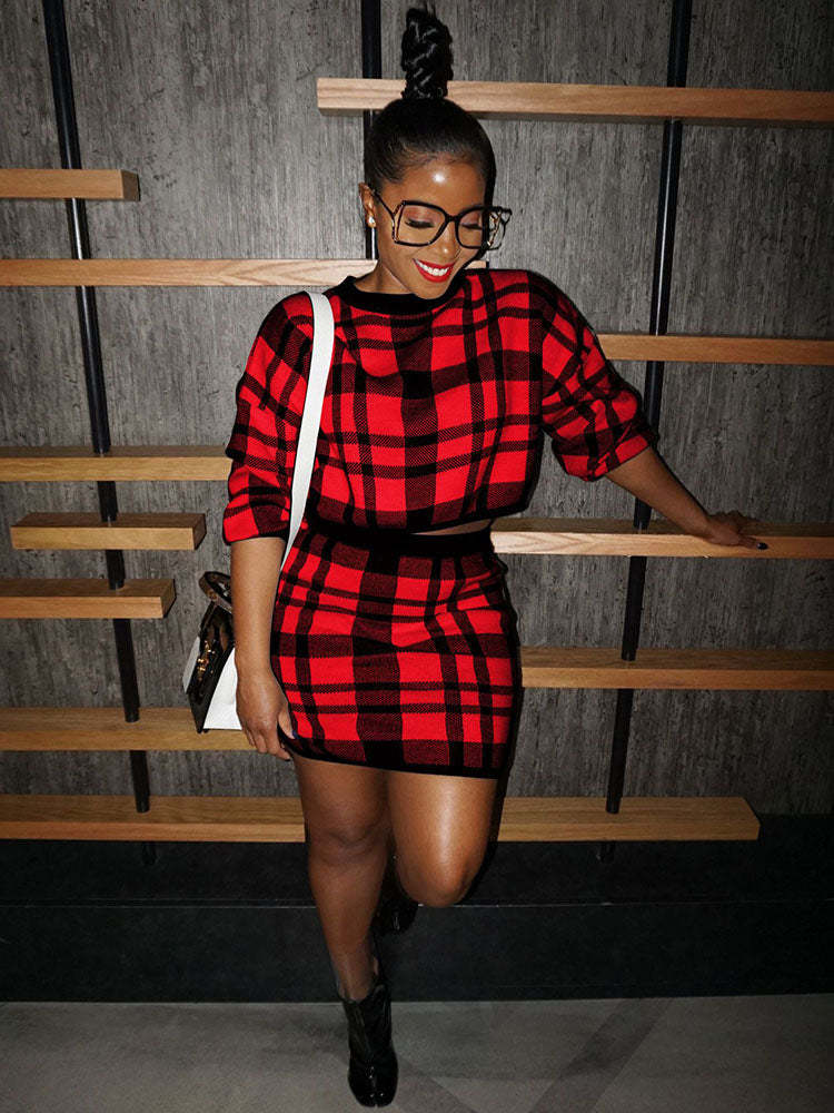 Knit Two Piece Plaid Print Skirt Suit