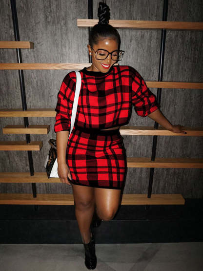 Knit Two Piece Plaid Print Skirt Suit