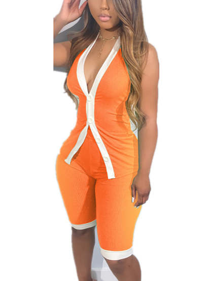 Button Down Tank Crop Top Shorts Sets