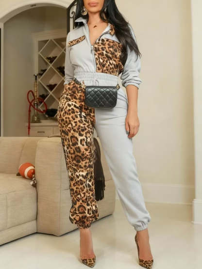 Two Pieces Leopard Patchwork Pants Set