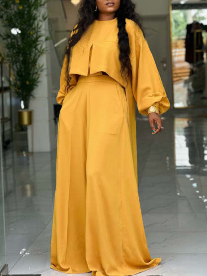 Plus Size Lantern Sleeve Wide Leg Pants Set