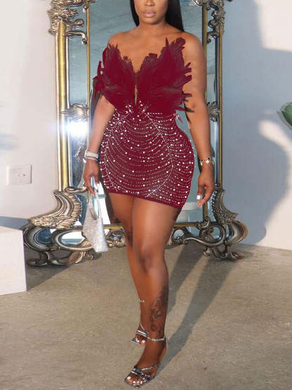 Feather Rhinestone Strapless Mini Dress