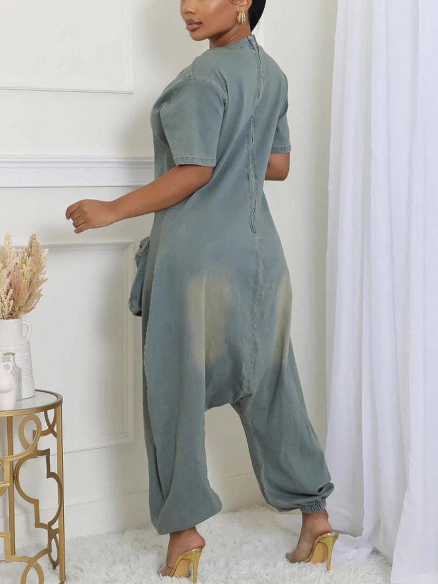 Pockets Bagged Denim Jumpsuit