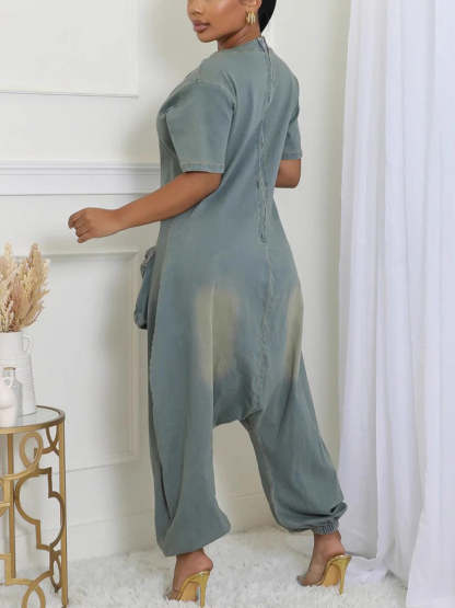 Pockets Bagged Denim Jumpsuit