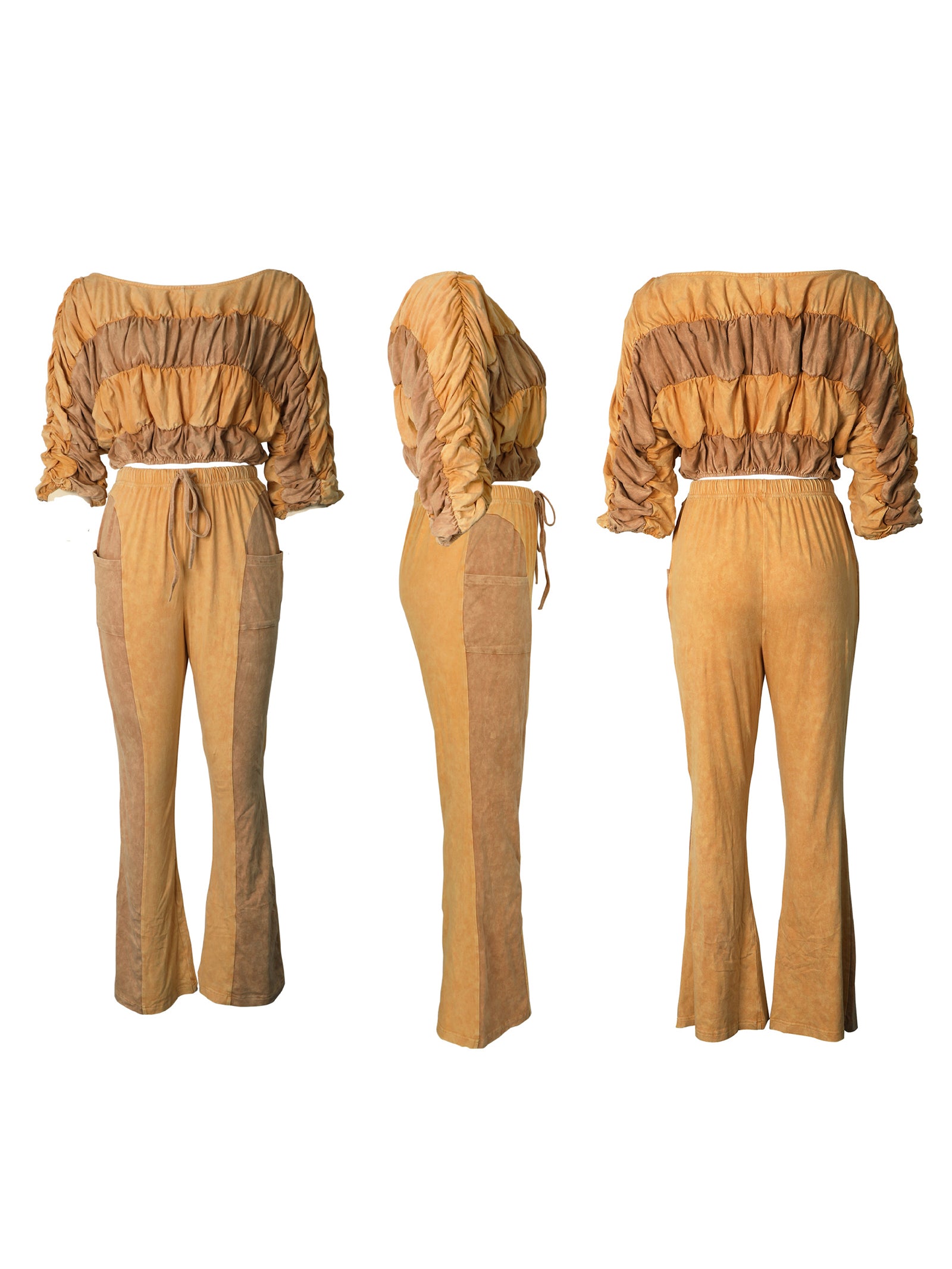 Two Pieces Solid Color Ruched Pants Set