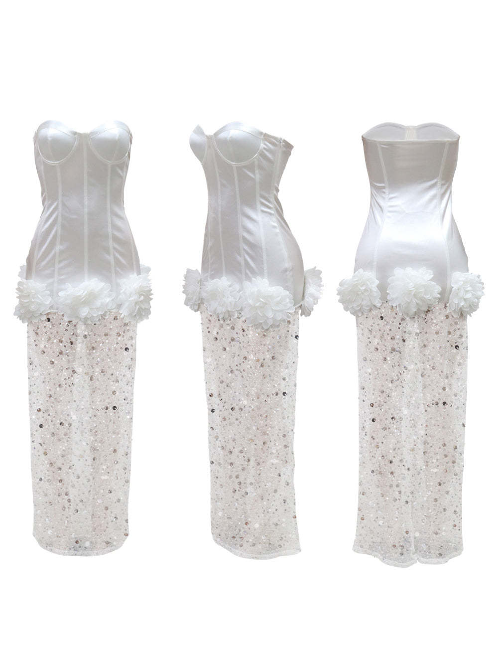 Strapless Glitter Mesh Flowers Mini Dress