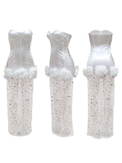 Strapless Glitter Mesh Flowers Mini Dress