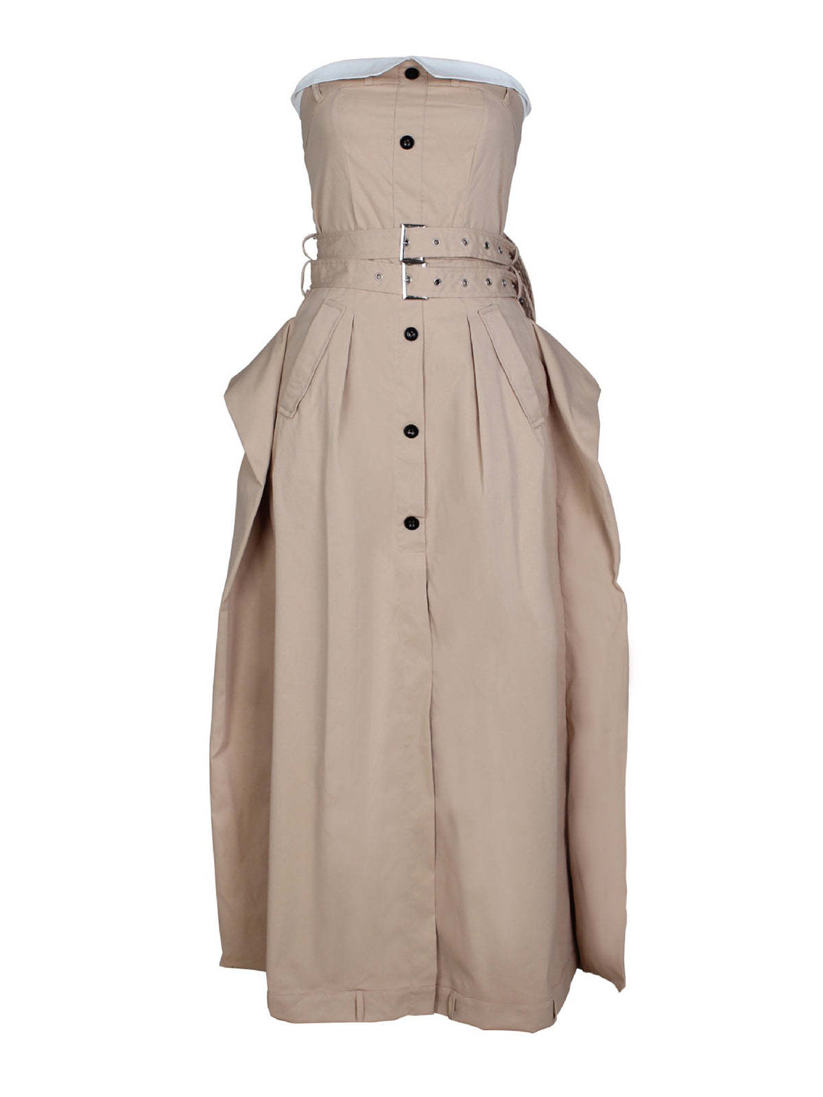 Strapless Button Front Belted A-Line Maxi Dress