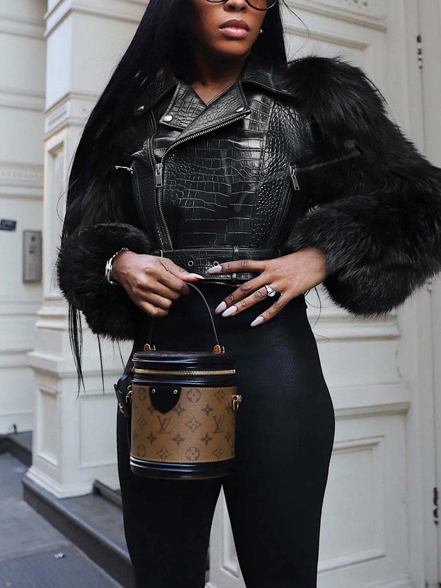 PU Leather Patchwork Moto Jacket