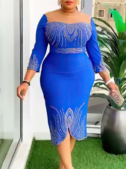 Mid-Sleeve Beaded & Rhinestone Party Dress