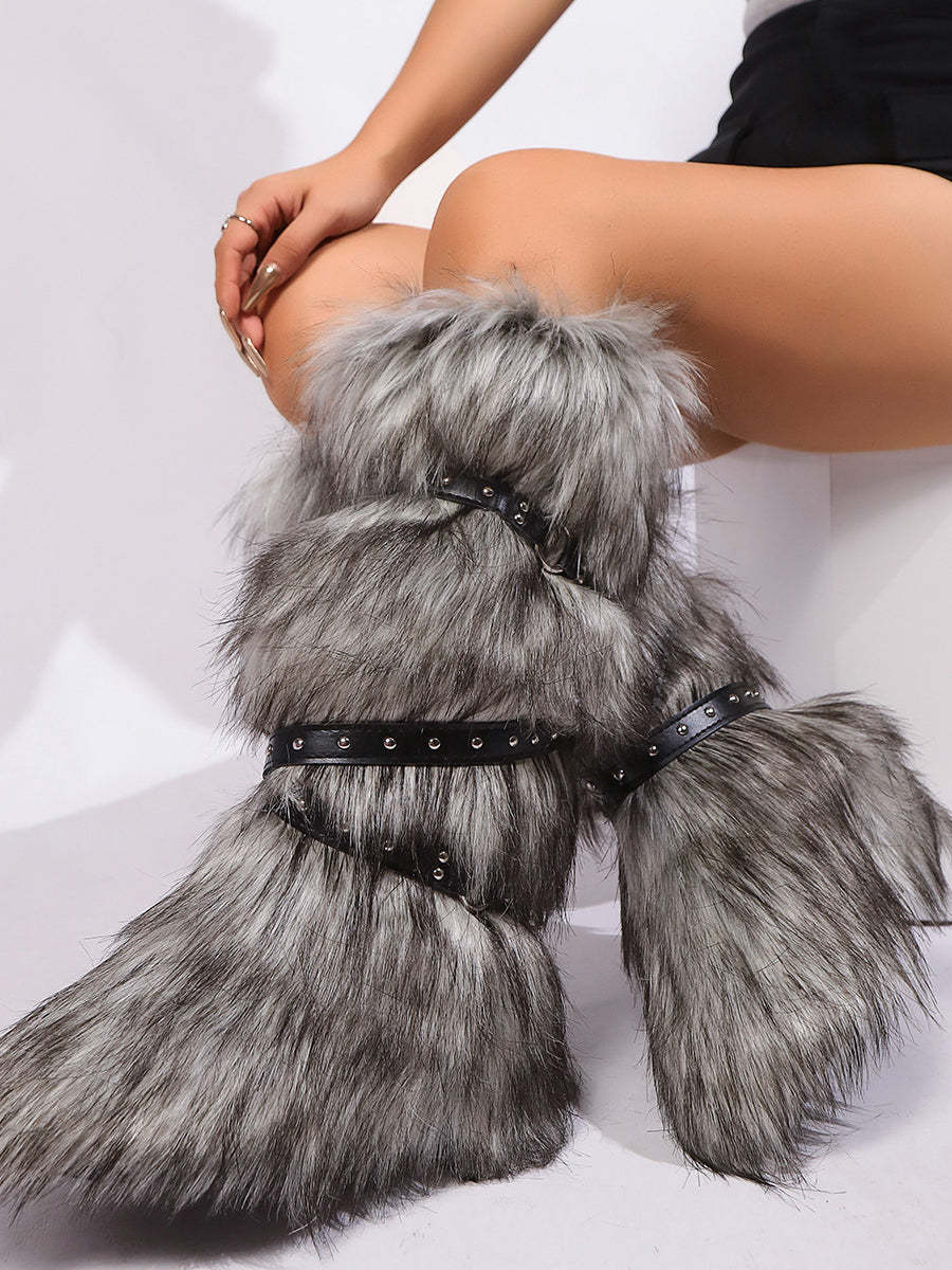 Y2K Faux Fur Cross Strap Buckle Boots
