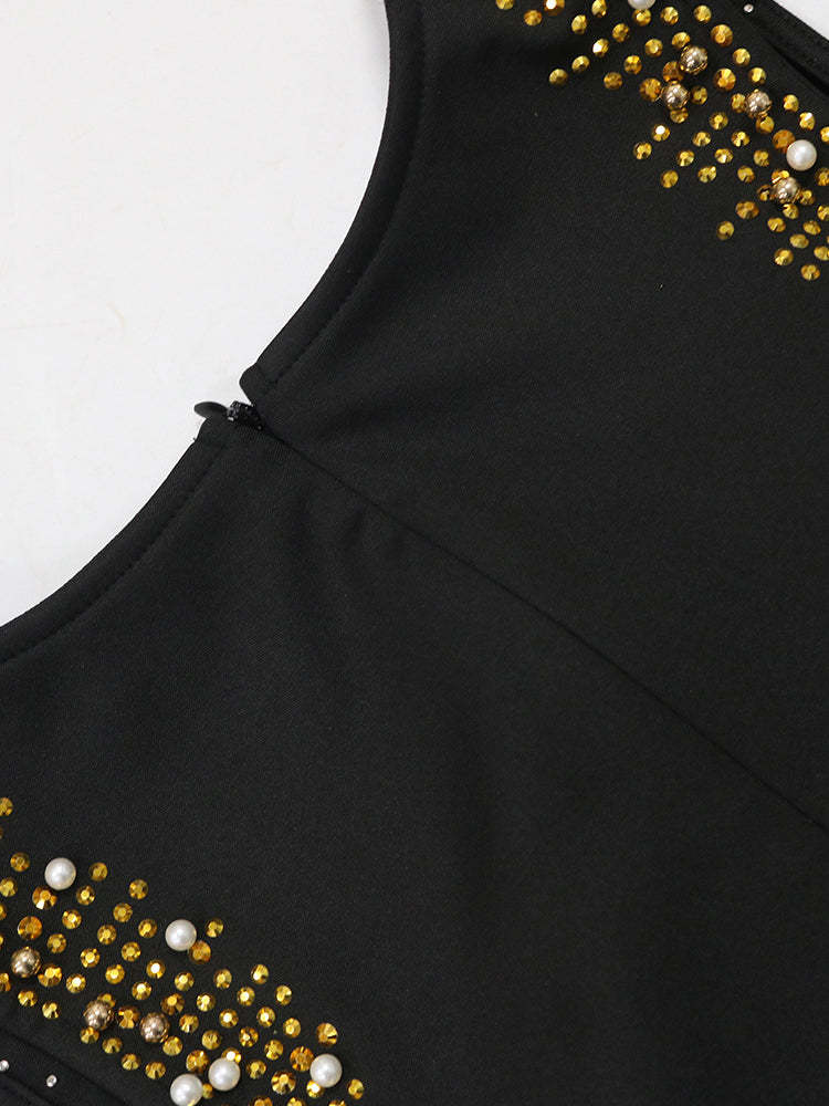 Sleeveless Rhinestone Fringe Hem Maxi Dress