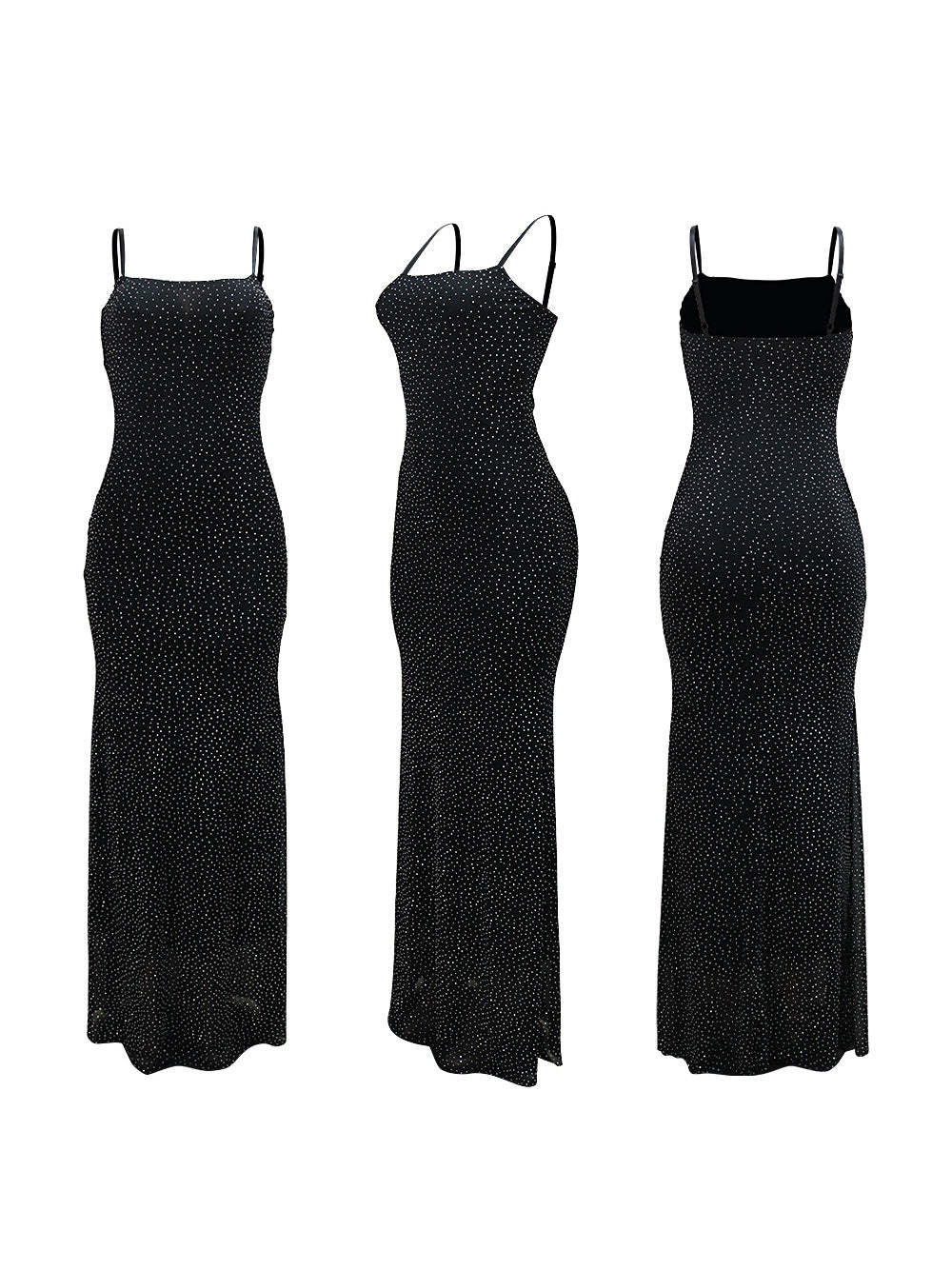 Strap Rhinestone Mesh Maxi Dress
