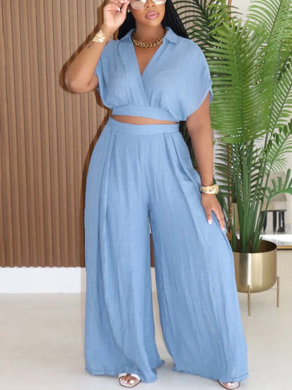 Solid Color Top Wide-Leg Pants Set