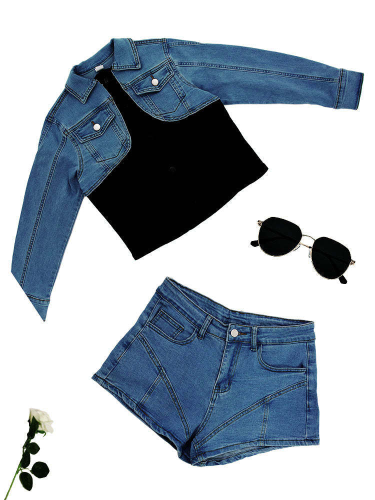 Denim Patchwork Elastic Shorts Two-Piece Set