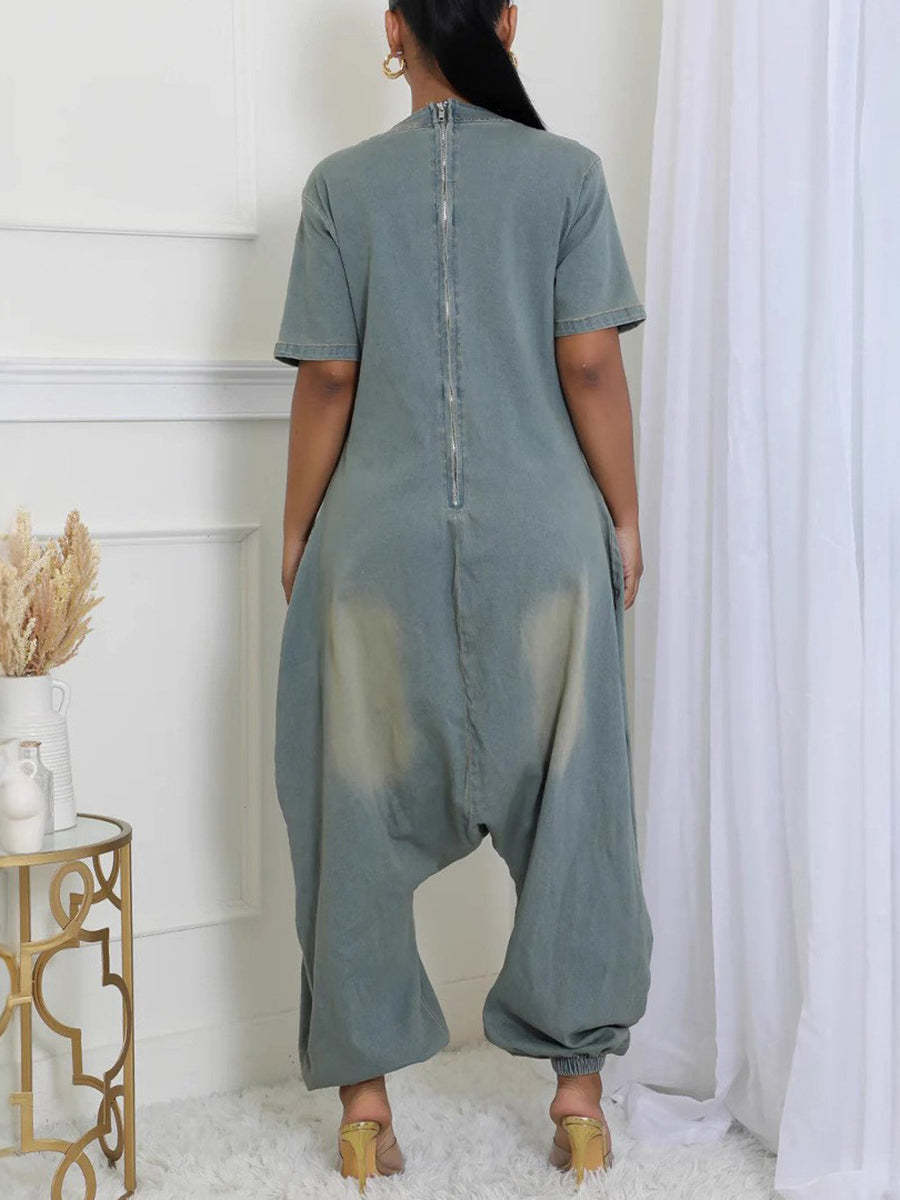Pockets Bagged Denim Jumpsuit