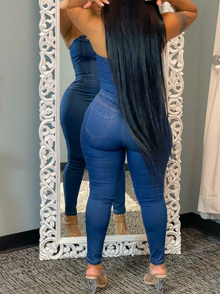 Strapless Button-Up Denim Jumpsuit