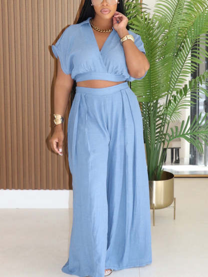 Solid Color Top Wide-Leg Pants Set