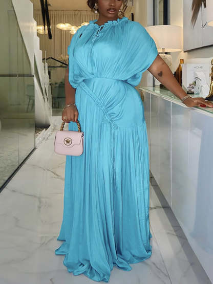 Elegant Pleated Drawstring Waist Maxi Dress